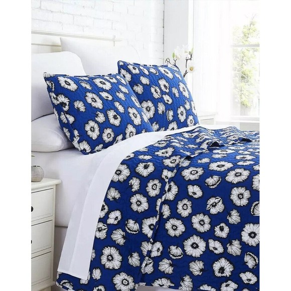 New 2 Piece Quilt Set Navy Blue & White Floral Essence Twin / Twin XL  Bed Cover - Picture 4 of 4